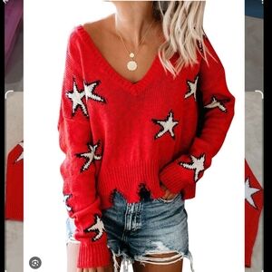 Woman's Oversized Red Knit Sweater frayed distressed hem With Stars Size S